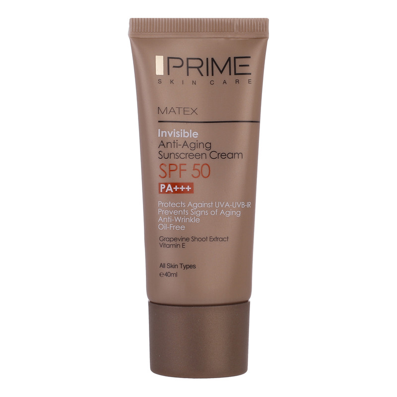 کرم ضدآفتاب و جوان‌کننده بی‌رنگ پرایم SPF50 مدل Matex مناسب انواع پوست، حجم 40 میلی‌لیتر
