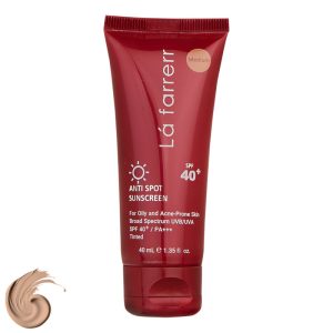 کرم ضد آفتاب رنگی لافارر، مدل SPF40-Medium، مناسب پوست چرب و مستعد آکنه تنالیته رنگ متوسط و حجم 40 میلیلیتر، محافظت کننده در برابر اشعه UVAو UVB، فاقد چربی، ضد حساسیت، غیر کومدونزا، +++PA، ضد لک و آکنه، تنظیم کننده ترشح چربی، با ماندگاری 2 ساعته