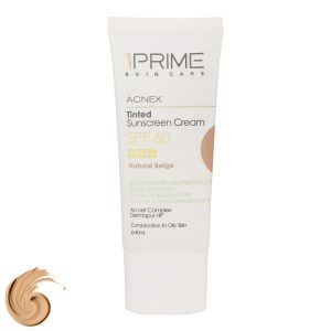 کرم ضدآفتاب رنگی پرایم، SPF60، مدل Acnex Beige، مناسب پوست مختلط تا چرب تنالیته رنگ متوسط و حجم 40 میلیلیتر، محافظت کننده در برابر اشعه UVA،IRو UVB، فاقد چربی و غیرکومدونزا، +++ PA، کنترل کننده سبوم، پوشاننده جای جوش، ضد آکنه، با ماندگاری 2 ساعته