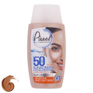 فلوئید ضد آفتاب رنگی پیکسل، SFP50، مدل Natural BEIGE، مناسب پوست‌‌ حساس، معمولی و خشک تنالیته رنگ متوسط و حجم 50 میلی‌لیتر، محافظت کننده در برابر اشعه UVAو UVB، پوشش‌دهی بالا، +++PA، آبرسان و نرم کننده، ضد پیری زودرس پوست، با ماندگاری 2 ساعته