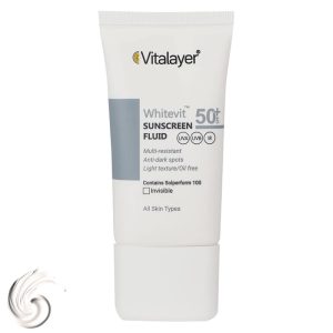 فلوئید ضدآفتاب بدون رنگ ویتالیر، SPF50، مدل Whitevit، مناسب انواع پوست کدر و دارای لک و حجم 50 میلیلیتر، ضد آب و تعریق، محافظت کننده در برابر اشعه UVA ،UVB و IR، فاقد چربی، ضد لک، دارای فرمولاسیون فیزیکی و شیمیایی، با ماندگاری 2 ساعته