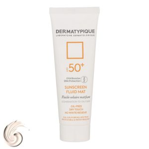 فلوئید ضدآفتاب بدون رنگ درماتیپیک، SPF50، مدل SFM، مناسب پوستهای چرب و مختلط و حجم 50 میلیلیتر، محافظت کننده در برابر اشعه UVA ،UVB و IR، ضدآب، فاقد چربی، بدون ایجاد لکههای سفید، ضد چروک، خطوط ریز و پیری پوست، مات کننده، با ماندگاری 2 ساعته
