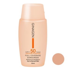 کرم ضد آفتاب رنگی ژیناژن، مدل SPF50، مناسب پوست خشک و معمولی تنالیته رنگ متوسط و حجم 50 میلی‌لیتر، محافظت کننده در برابر اشعه UVA و UVB، ضد آب، ضد لک، با ماندگاری 2 ساعته