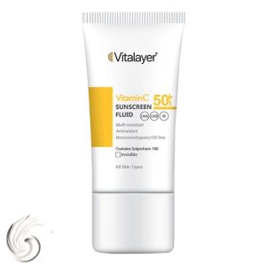 فلوئید ضدآفتاب بدون ‌رنگ ویتالیر، SPF50، مدل Vitamin C، مناسب انواع پوست و حجم 50 میلی‌لیتر، ضد آب، محافظت کننده در برابر اشعه UVA ،UVB، IR و رادیکال‌های آزاد، آنتی‌اکسیدان، غیرکمدون‌زا، فاقد چربی، ضد چروک و روشن کننده پوست، با ماندگاری 2 ساعته