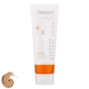 کرم ضد آفتاب رنگی ژنوبایوتیک، SPF50، مدل NB03، مناسب پوست چرب و مختلط تنالیته رنگ متوسط و حجم 50 میلیلیتر، محافظت کننده در برابر اشعه UVAو UVB، فاقد چربی، غیر کومدونزا، +++PA، ضد التهاب، ترمیم کننده، دارای فرمولاسیون فیزیکی، با ماندگاری 2 ساعته