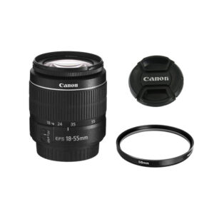 لنز دوربین کانن مدل  لنز کانن EF-S 18-55mm f/3.5-5.6 III به همراه فیلتر یو وی 58 کانن و درب 58 کانن