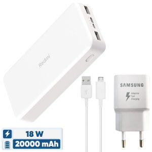 پاوربانک شیائومی مدل Redmi PB200LZM ظرفیت 20000 میلی آمپرساعت به همراه شارژر دیواری سامسونگ و کابل تبدیل
