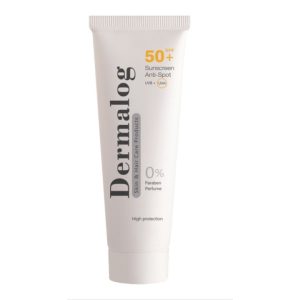 کرم ضد آفتاب بی‌رنگ درمالوگ، SPF 50، مدل anti spot، مناسب انواع پوست با حجم 50 میلی‌لیتر، فاقد پارابن، محافظت‌کننده در برابر اشعه‌های UVA و UVB، ضد چروک، ضد لک و پیری، دارای فرمولاسیون تیتانیوم دی اکساید و زینک اکساید، با ماندگاری 4 ساعته