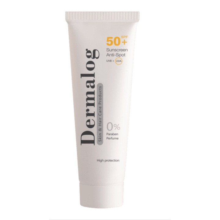 کرم ضد آفتاب بی‌رنگ درمالوگ، SPF 50، مدل anti spot، مناسب انواع پوست با حجم 50 میلی‌لیتر، فاقد پارابن، محافظت‌کننده در برابر اشعه‌های UVA و UVB، ضد چروک، ضد لک و پیری، دارای فرمولاسیون تیتانیوم دی اکساید و زینک اکساید، با ماندگاری 4 ساعته