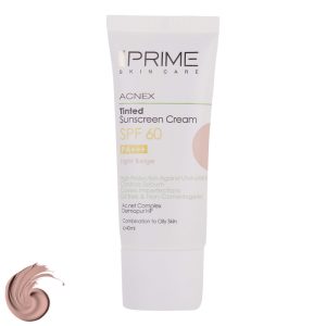 کرم ضدآفتاب رنگی پرایم، SPF60، مدل Acnex، مناسب پوست‌ مختلط تا چرب تنالیته رنگ روشن و حجم 40 میلی‌لیتر، محافظت کننده در برابر اشعه UVA،IRو UVB، فاقد چربی و غیرکومدون‌زا، +++ PA، کنترل کننده سبوم، پوشاننده جای جوش، ضد آکنه، با ماندگاری 2 ساعته