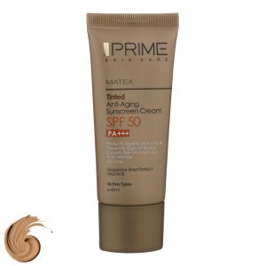 کرم ضد آفتاب رنگی پرایم، SPF50، مدل Matex Tinted anti-aging، مناسب انواع پوست تنالیته رنگ تیره و حجم 40 میلی‌لیتر، محافظت کننده در برابر اشعه UVA،IRو UVB، فاقد چربی، +++ PA، جوان کننده، ضد چروک و پیری زودرس پوست، پوشاننده لک‌های سطحی، با ماندگاری 2 ساعته