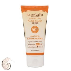 فلوئید ضد آفتاب بدون رنگ سان سیف، SPF50، مدل ACNE-FLUID، مناسب پوستهای آکنهای، چرب و مختلط و حجم 50 میلیلیتر، محافظت کننده در برابر اشعه UVAو UVB، ضد آب، بدون چربی و پارابن، غیر کومدونزا، +++PA، تنظیم کننده چربی، ضد جوش و آکنه، با ماندگاری 2 ساعته