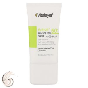 فلوئید ضد آفتاب بدون رنگ ویتالیر SPF50 مدل Activit محافظ UVA ،UVB، مناسب پوستهای مختلط و چرب حجم 50 میلیلیتر