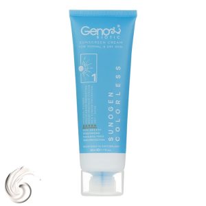 کرم ضد آفتاب بدون رنگ ژنوبایوتیک، SPF50، مدل Colorless، مناسب پوست خشک و معمولی و حجم 50 میلی‌لیتر، محافظت کننده در برابر اشعه UVAو UVB، ضد آب و تعریق، فاقد چربی و پارابن، +++PA، مرطوب‌کننده، ضد پیری، ترمیم کننده، دارای فرمولاسیون فیزیکی، ماندگاری 2 ساعته