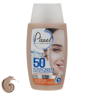 کرم ضدآفتاب رنگی پیکسل، SPF50، مدل LIGHT BEIGE، مناسب پوست حساس، نرمال و خشک تنالیته رنگ روشن و حجم 50 میلیلیتر، محافظت کننده در برابر اشعه UVAو UVB، ضد آب، +++PA، آبرسان، پوشش دهنده نواقص پوست، مات کننده، با ماندگاری 2 ساعته