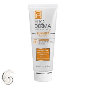کرم ضد آفتاب بدون رنگ پرودرما، مدل SPF60، مناسب پوست معمولی و خشک و حجم 40 میلیلیتر، محافظت کننده در برابر اشعه UVA و UVB، بدون پارابن و غیر کومدونزا، +++PA، مرطوب کننده، دارای فرمولاسیون شیمیایی، با ماندگاری 2 ساعته