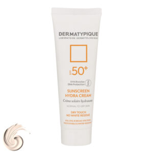 کرم ضد آفتاب بدون رنگ درماتیپیک، SPF50، مدل هیدرا، مناسب پوست نرمال تا خشک و حجم 50 میلیلیتر، محافظت کننده در برابر اشعه UVA،IRو UVB، ضد آب، فاقد چربی، ضد التهاب، مرطوب کننده، ضد چین و چروک و خطوط ریز، با ماندگاری 2 ساعته
