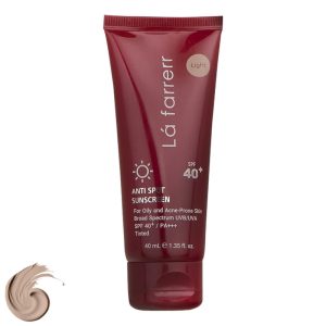 کرم ضد آفتاب رنگی لافارر، مدل SPF40، مناسب پوست چرب و مستعد آکنه تنالیته رنگ روشن و حجم 40 میلیلیتر، محافظت کننده در برابر اشعه UVA و UVB، فاقد چربی و غیر کومدونزا، +++PA، ضد جوش، آکنه و لک، تنظیم کننده ترشح چربی پوست، با ماندگاری 2 ساعته